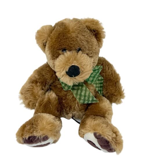 First & Main 10 Inch Newton Brown Bear Green Check Bow Soft Plush Stuffed Animal - Picture 1 of 9